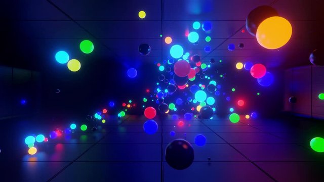 3D abstract creative animation background with neon glow multi-colored spheres inside camera, reflecting walls. Luminous balls fly inside dark chamber. Neon light orbs fly beautifully.