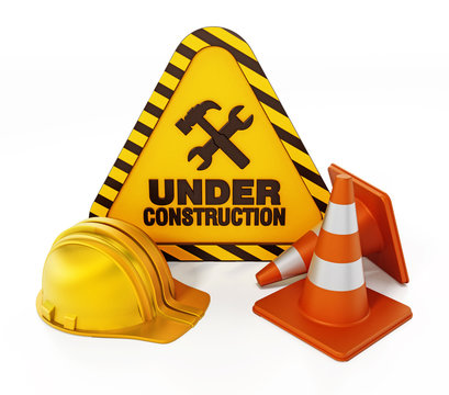 Under construction signboard, helmet and traffic cone. 3D illustration