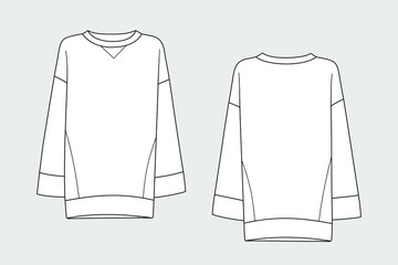 Long sleeve shirt female vector template isolated on a white background. Front and back view. Outline fashion technical sketch of clothes model.