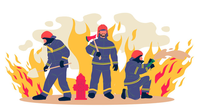 Firefighters vector illustration. Group of men in protective clothes with tools extinguishing fire. Firemen team for aid, safety, rescuing, training concept