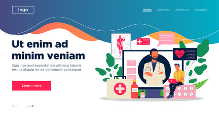 Naklejka premium Online doctor vector illustration. Young patient with laptop chatting with practitioner. Medical consulting app for healthcare, medicine, internet communication concept