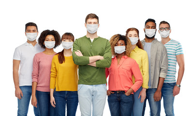 Fototapeta premium health, quarantine and pandemic concept - international group of people wearing protective medical masks for protection from virus