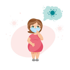 Young pregnant woman wearing medical mask, thinking and worrying about coronavirus infection. Virus danger for pregnancy. Fear of contamination for expecting women.