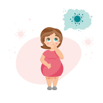 Young Pregnant Woman Thinking And Worrying About Coronavirus Infection. Virus Danger For Pregnancy. Fear Of Contamination For Expecting Women.