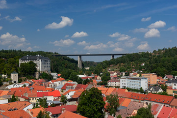 Velke Mezirici city scape with the castle and highway bridge Vysocina in the background - Czech Republic