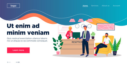 Office reception vector illustration. Customer talking to receptionist at counter in hallway. Hotel guest consulting manager behind desk in lobby