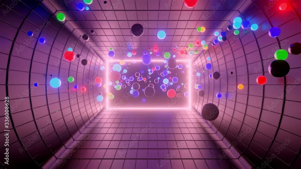 Poster 3d abstract creative animation background with neon glow multi-colored spheres inside camera, reflec