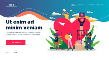 Volunteers vector illustration. Young people packing donation box with money, collecting garbage, taking care about animals near heart. Support community for social aid, charity, help concept