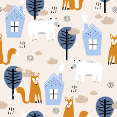 Seamless pattern, bears, foxes, houses and trees, hand drawn overlapping backdrop. Colorful background vector. Illustration with animals, forest. Decorative wallpaper, good for printing