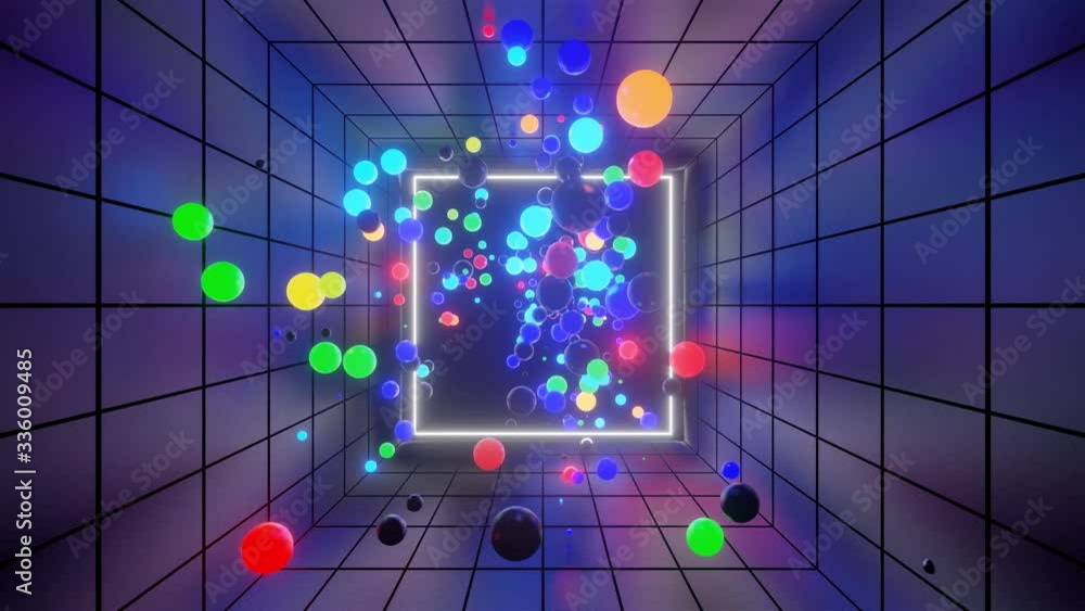 Poster 3d abstract creative animation background with neon glow multi-colored spheres inside camera, reflec