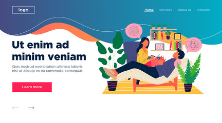 Fototapeta premium Patient counseling with psychologist vector illustration. Psychotherapy session concept with adult woman mental therapist. Man dealing with stress and depression