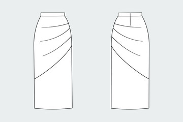 Female straight skirt vector template isolated on a grey background. Front and back view. Outline fashion technical sketch of clothes model.