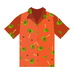 Short-sleeved summer shirt in orange. Ornament of palm trees and coconuts. Summer clothes. Isolated vector on white background