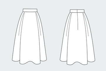Female skirt vector template isolated on a grey background. Front and back view. Outline fashion technical sketch of clothes model.