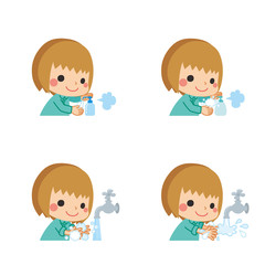 感染症予防のため手洗いをする小さな女の子のセット