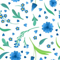 Blue flowers blossoms flat vector retro seamless pattern.  Abstract wildflowers on white background. Daisy and cornflower decorative background. Blooming meadow wildflowers. 