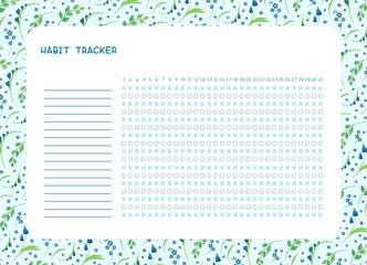Habit tracker for month flat vector template. .Spring blue wild flowers themed blank, personal organizer with decorative frame. Summer season floral border with stylized lettering