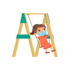Little girl with medical mask on their faces swing on a swing. Virus or allergy protection. Flat characters. Vector illustration on a white background.