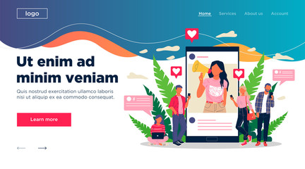 Blogger promoting goods and services for followers online vector illustration. Potential product consumers reading influencer advices. Online engagement communication business, digital marketing