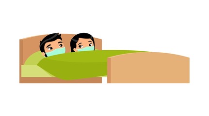 Asian young couple with medical masks  in bed. Married couple is sick. Sexual relations during respiratory diseases and allergies concept. Colorful vector illustration in flat cartoon style.