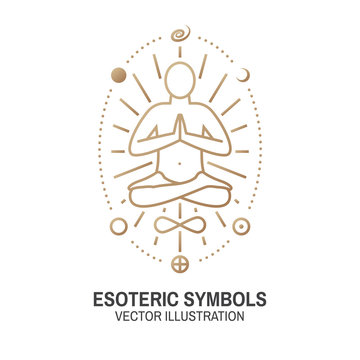 Esoteric symbols. Vector. Thin line geometric badge. Outline icon for alchemy, sacred geometry. Mystic and magic design with bat wing, stars, planets and moon.