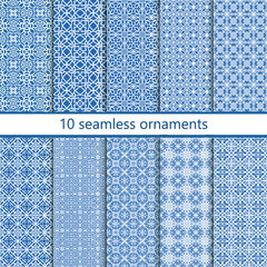 10 seamless ornaments in the Mediterranean style with plant elements