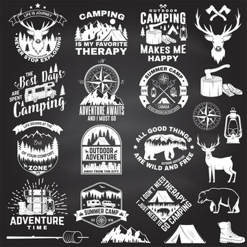 Set of outdoor adventure quotes symbol. Vector. Concept for shirt or logo, print, stamp, tee. Vintage design with hiking boots, camping tent, lantern, axe, mountains, bear, deer, forest silhouette