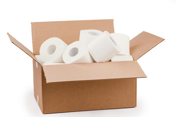 Toilet paper rolls in a cardboard box isolated on a white background