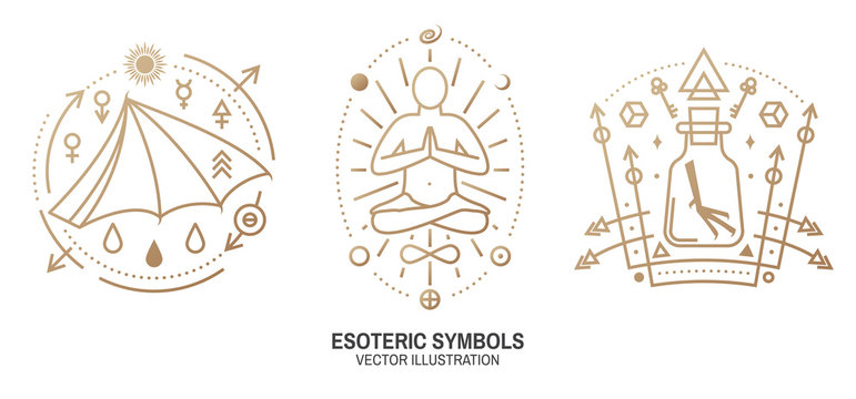 Esoteric symbols. Thin line geometric badge. Outline icon for alchemy, sacred geometry. Mystic, magic design with man silhouette sitting in yoga lotus pose, bat wing, chemistry flask