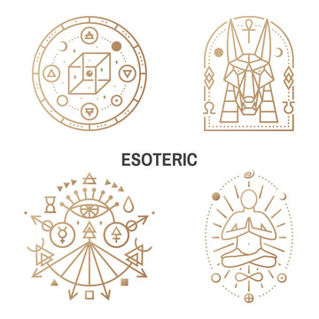 Esoteric symbols. Thin line geometric badge. Outline icon for alchemy, sacred geometry. Mystic, magic design with chemistry flask with crow foot, egyptian god Anubis, unreal geometrical cube