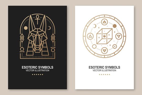Esoteric symbols. Vector. Thin line geometric badge. Outline icon for alchemy, sacred geometry. Mystic, magic design with egyptian god Anubis, unreal geometrical cube