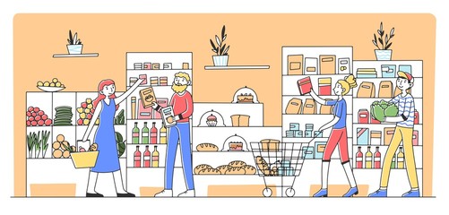 Cartoon people buying products at grocery store flat vector illustration. Consumers and customers choosing food and putting items in cart. Consumerism and supermarket concept