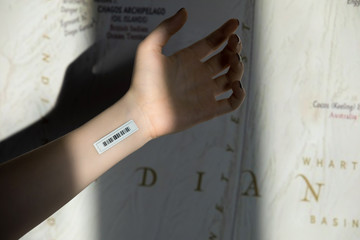 Bar code is on  a teenager's hand. Clone of DNA and human genome. The concept child digital...