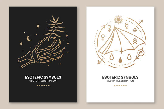 Esoteric symbols poster, flyer. Vector. Thin line geometric badge. Outline icon for alchemy, sacred geometry. Mystic, magic design with bat wing and human skeleton bone hand