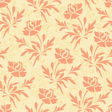 Vector pastel ornage and yellow rose flower with bail seamless pattern background