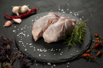 Raw partridge meat on kitchen, cooking gourmet wild bird. Healthy diet recipe.