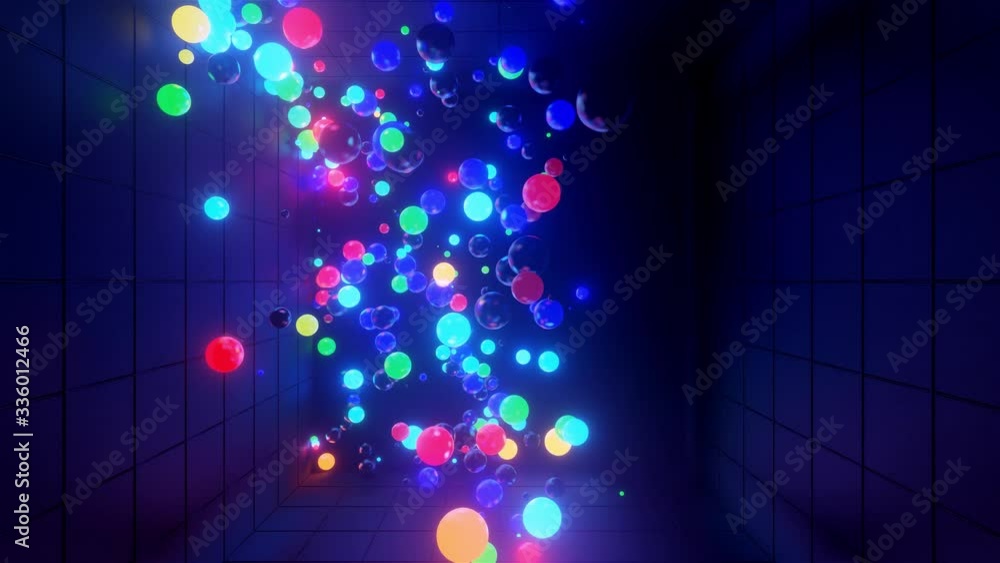 Poster 3d abstract creative animation background with neon glow multi-colored spheres inside camera, reflec