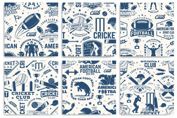 American football anb Cricket club seamless pattern, background. Vector. Seamless sport pattern with bull, sportsman player, helmet, ball and shoulder pads silhouette. Sport club texture