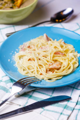 Tasty, traditional food from Italy. Pasta Spaghetti with becon and cheese