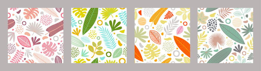 Set of seamless background with tropical leaves and plants. Floral multicolored seamless pattern for wallpaper, cover, page, poster, flyer, greeting or invitation, Vector illustration.