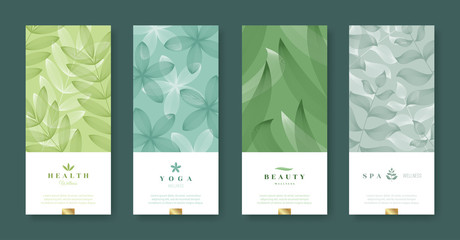 Leaves and nature banner set. Beauty and health minimal design. Voucher template with logo - health, yoga, beauty, spa. Vector illustration. - obrazy, fototapety, plakaty