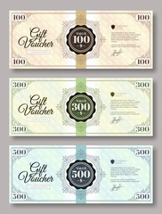 Set of gift voucher template various value - 100 dollars, 300 dollars and 500 dollars. Gift voucher template with guilloche design element. Vector illustration.