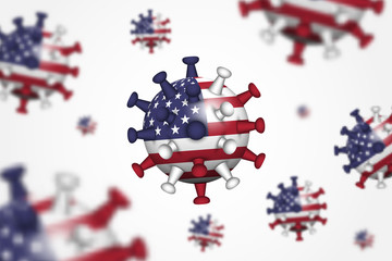 COVID-19 . 3D floating corona virus with America ( USA ) flag and depth of field . Cause of SARS , MERS COV and COVID19 in human . Global spread and worldwide infected . Vignette background . Vector .