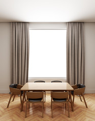 Dining room interior with window light,curtains and wooden floor. 3D illustration