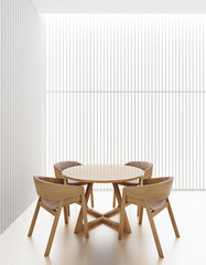 Interior of dining room in white tone decorate by white vertical wood panel. 3D illustration