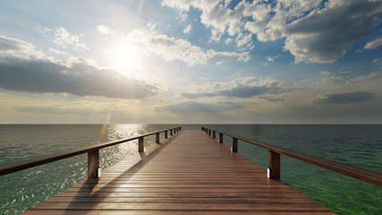 Wooden pier to the sea in daytime. 3D illustration