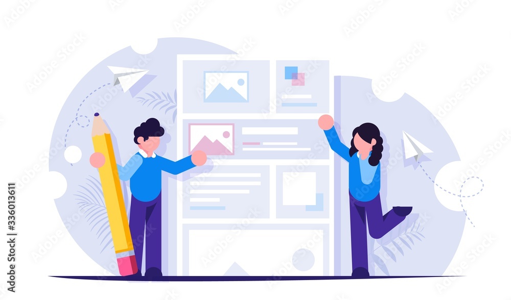 Poster people are working on creating quality content. a mock web page or news portal. modern flat vector i
