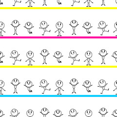 Seamless pattern with joyful little men, cartoon characters jumping with happiness. Vector, line illustration on a white background.