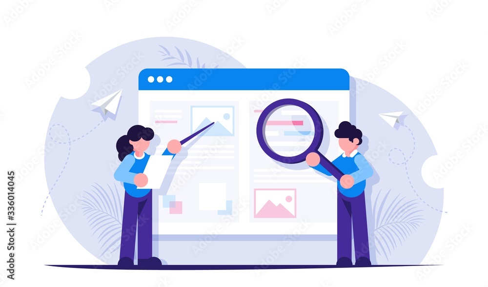 Poster the process of creating engaging content for a website or blog. man with a magnifying glass and a po