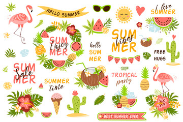 Summer set elements Tropical illustrations Flamingo, fruits, palm leaves, Summer clip art text quote Bright beach party kit